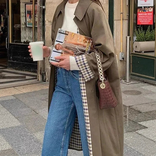 Women's oversized plaid-lined long trench coat – Khaki