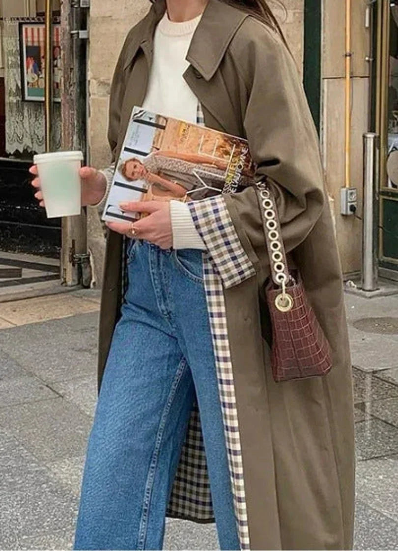 Women's oversized plaid-lined long trench coat – Khaki