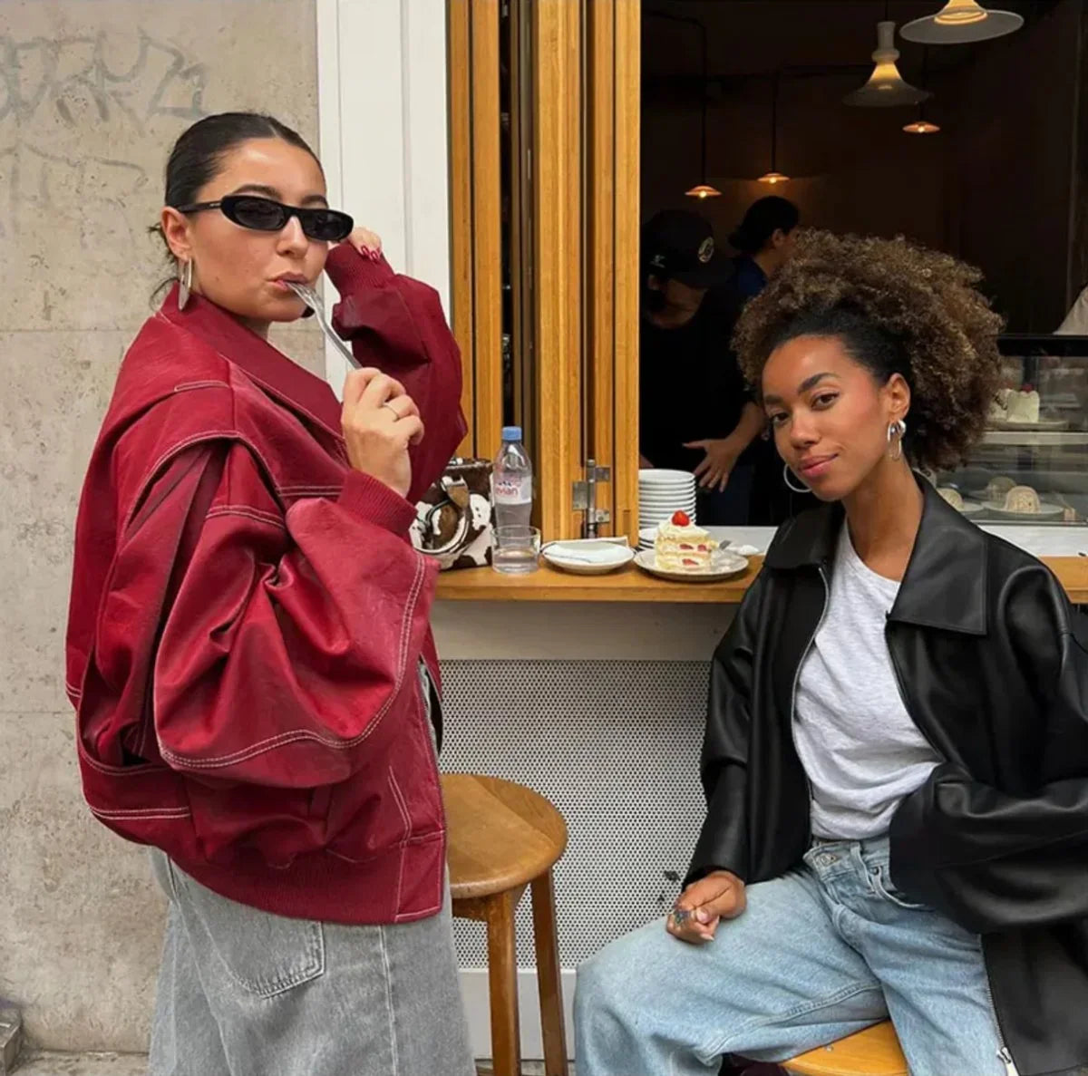 Women's oversized quilted jacket contrast stitch bomber – Wine Red