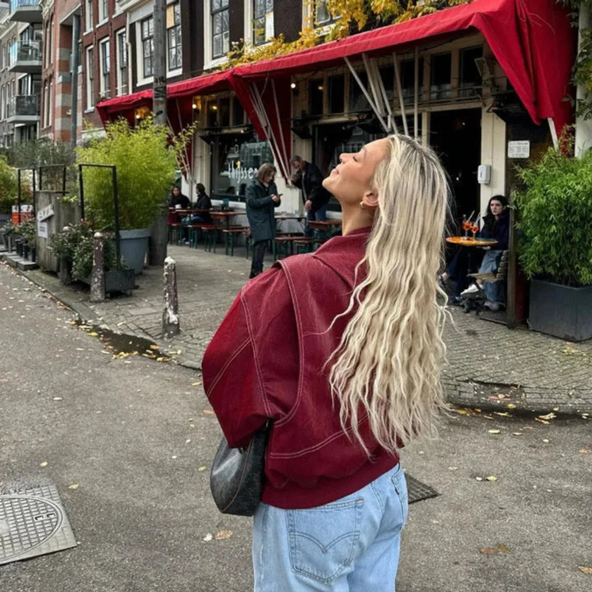 Women's oversized quilted jacket contrast stitch bomber – Wine Red