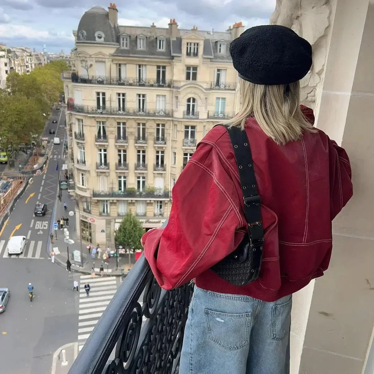 Women's oversized quilted jacket contrast stitch bomber – Wine Red