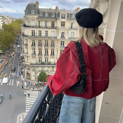 Women's oversized quilted jacket contrast stitch bomber – Wine Red
