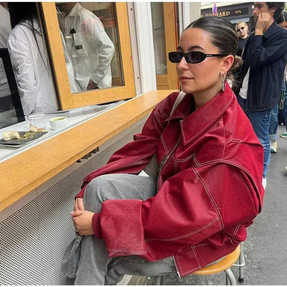 Women's oversized quilted jacket contrast stitch bomber – Wine Red