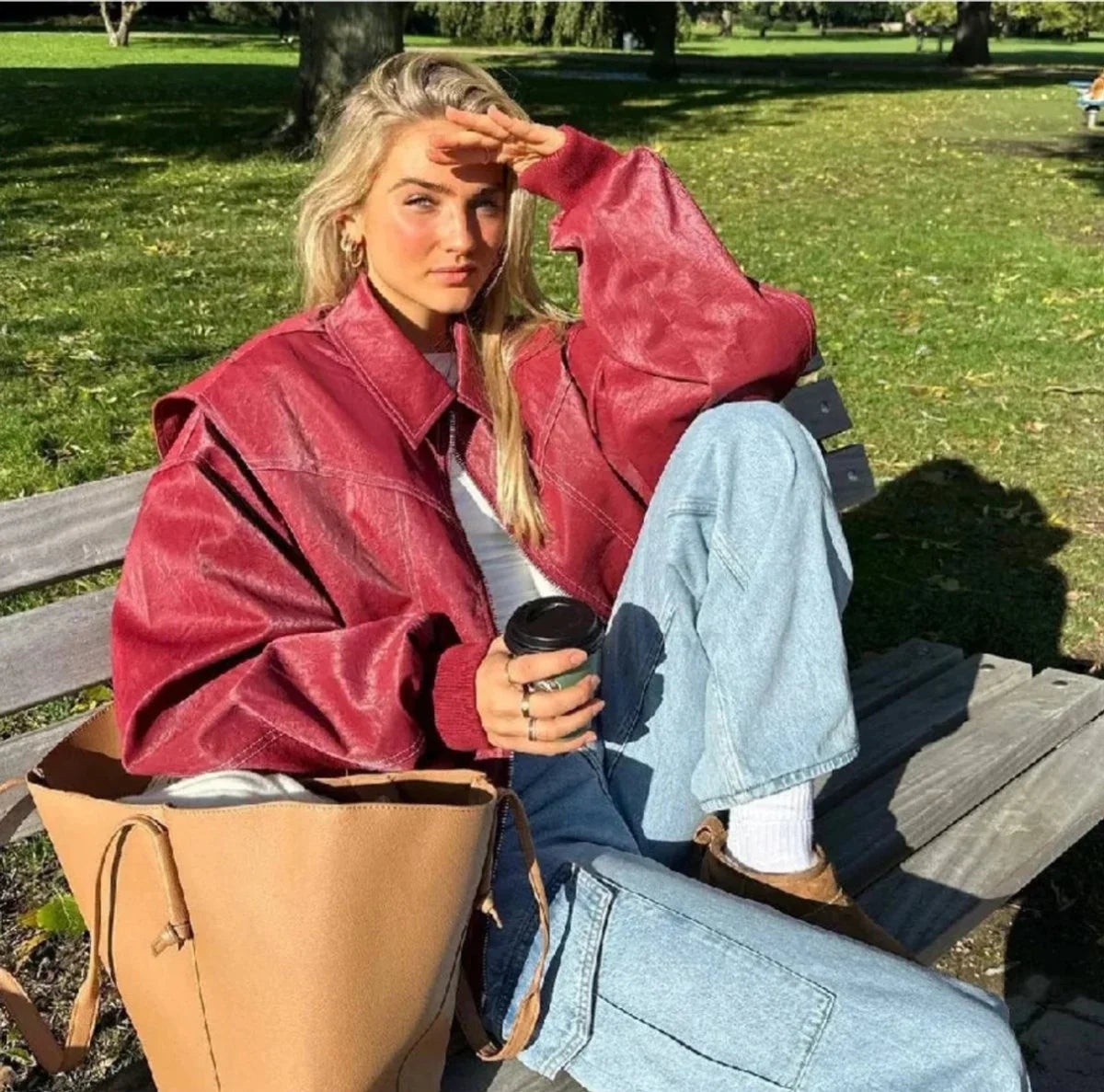 Women's oversized quilted jacket contrast stitch bomber – Wine Red
