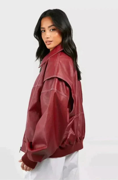 Women's oversized quilted jacket contrast stitch bomber – Wine Red