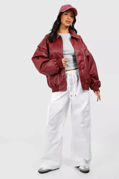 Women's oversized quilted jacket contrast stitch bomber – Wine Red
