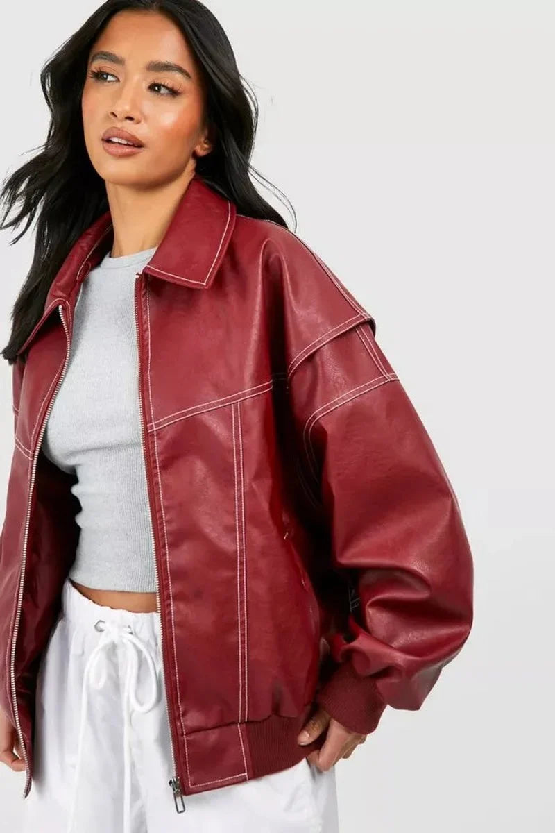Women's oversized quilted jacket contrast stitch bomber – Wine Red