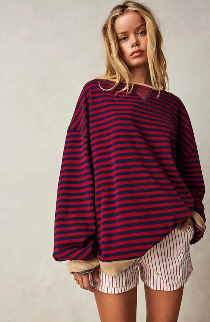 Women's oversized striped long-sleeve pullover sweater – Black & Red