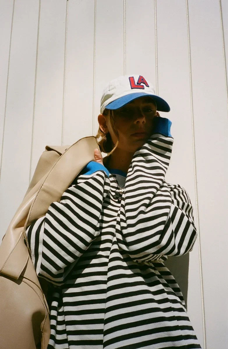 Women's oversized striped long-sleeve pullover sweater – Blue & Black