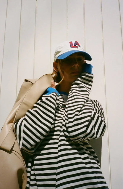 Women's oversized striped long-sleeve pullover sweater – Blue & Black