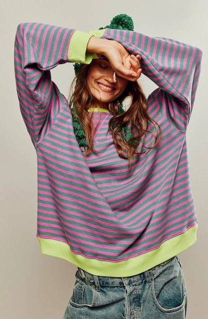 Women's oversized striped long-sleeve pullover sweater – Green & Pink