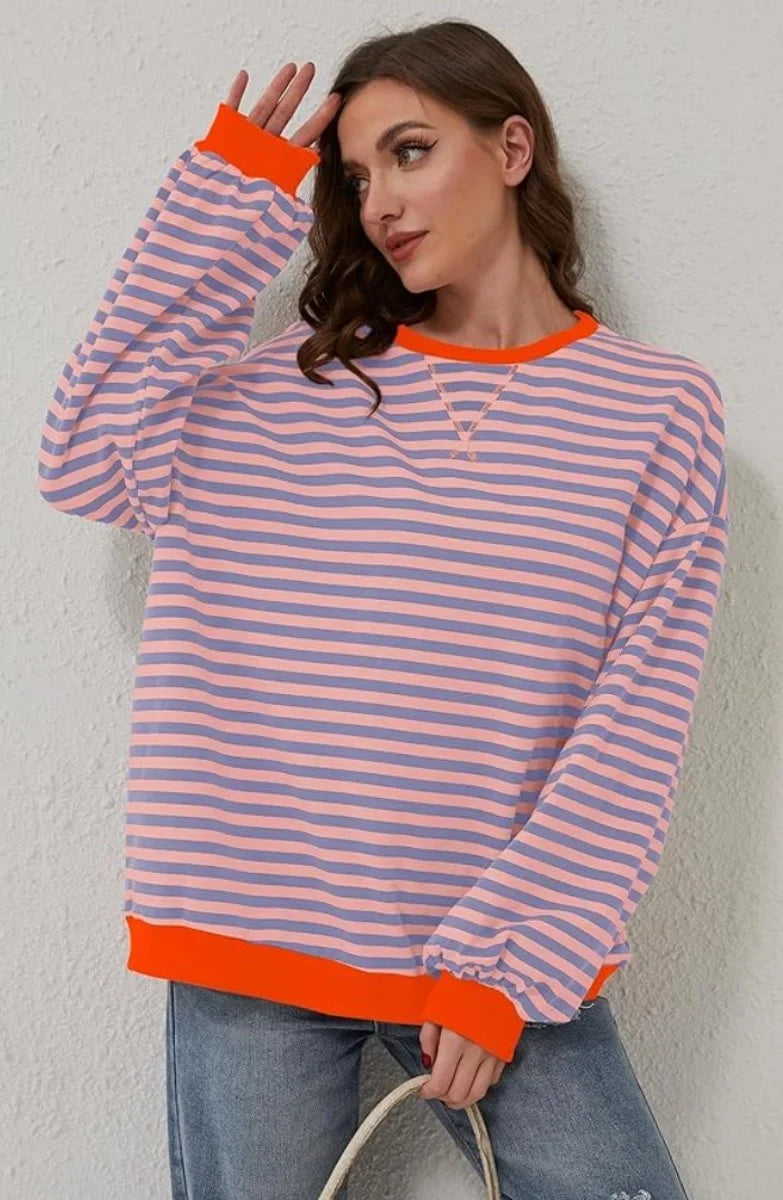 Women's oversized striped long-sleeve pullover sweater – Orange & Blue