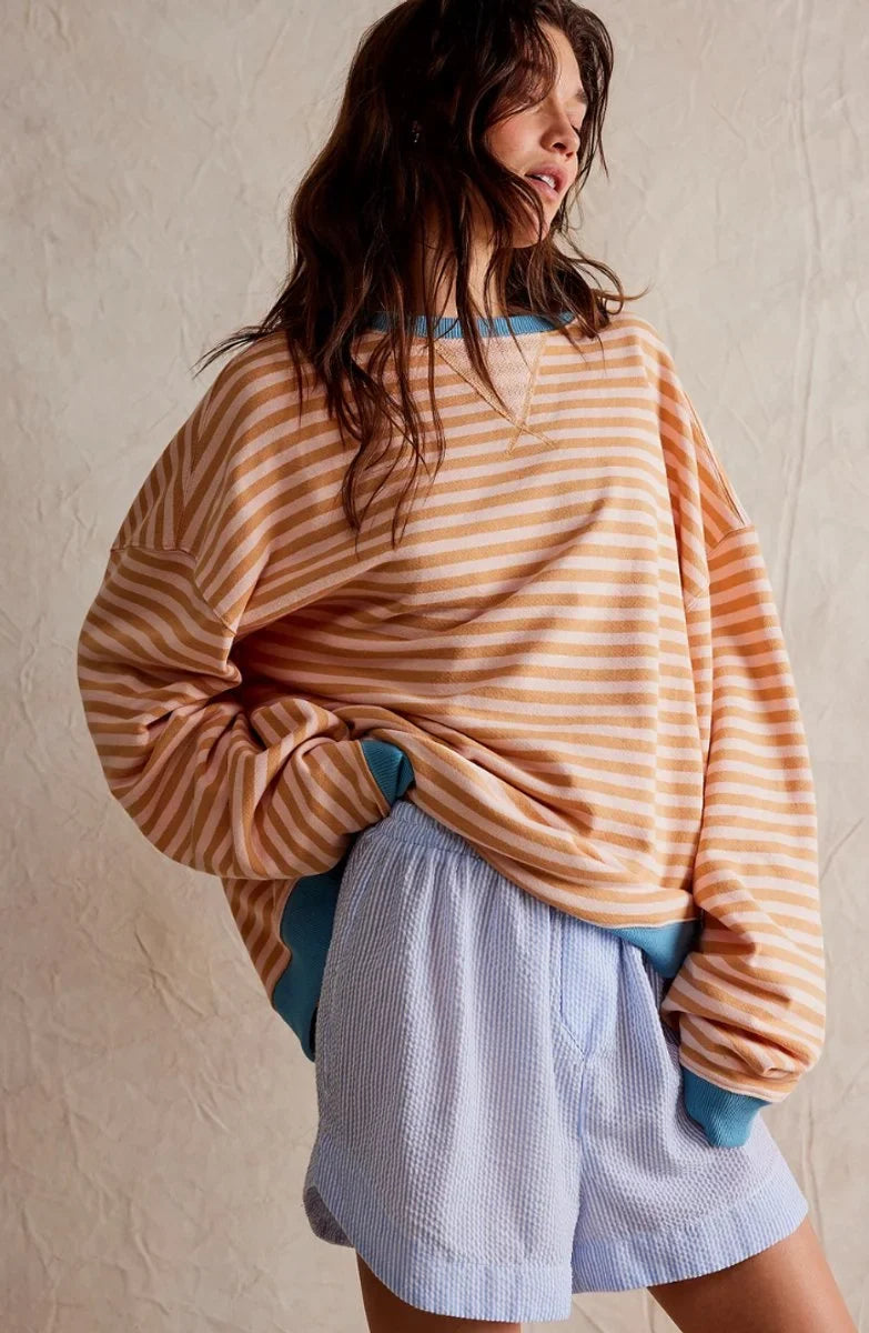 Women's oversized striped long-sleeve pullover sweater – Orange Stripes