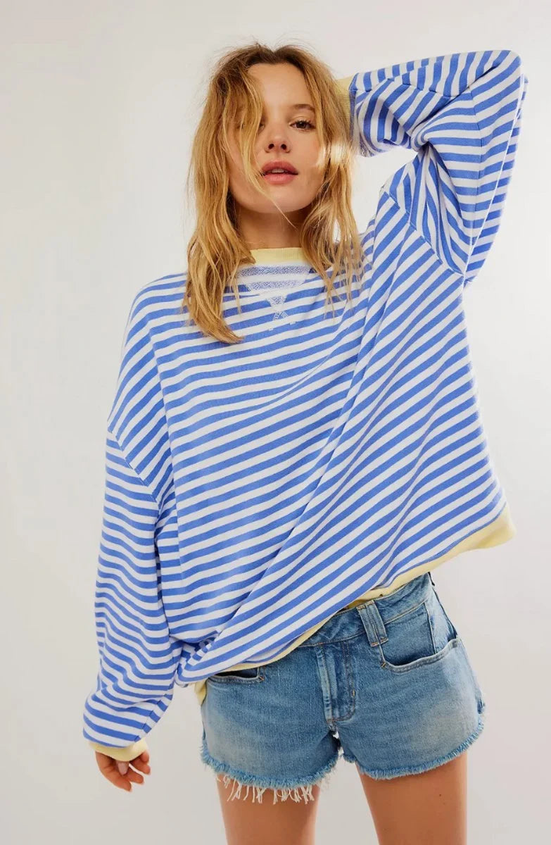 Women's oversized striped long-sleeve pullover sweater – Sky Blue