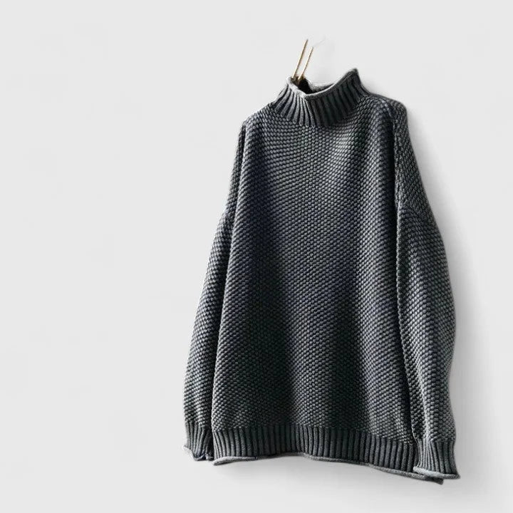 Women's oversized textured knit sweater with mock-neck long sleeves – Grey