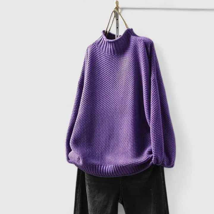 Women's oversized textured knit sweater with mock-neck long sleeves – Purple