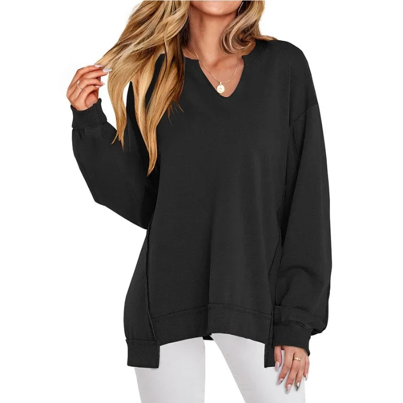 Women's oversized V-neck sweatshirt tee shirt tunic with long sleeves – Black