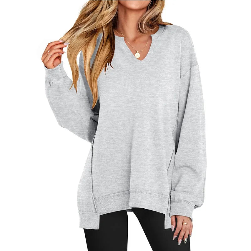 Women's oversized V-neck sweatshirt tee shirt tunic with long sleeves – Light Grey