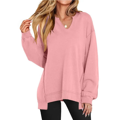 Women's oversized V-neck sweatshirt tee shirt tunic with long sleeves – Pink