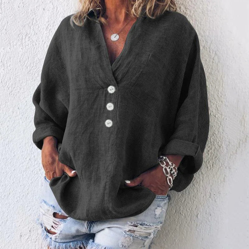 Women's oversized V-neck top with button-front long sleeves and chest pocket – Black
