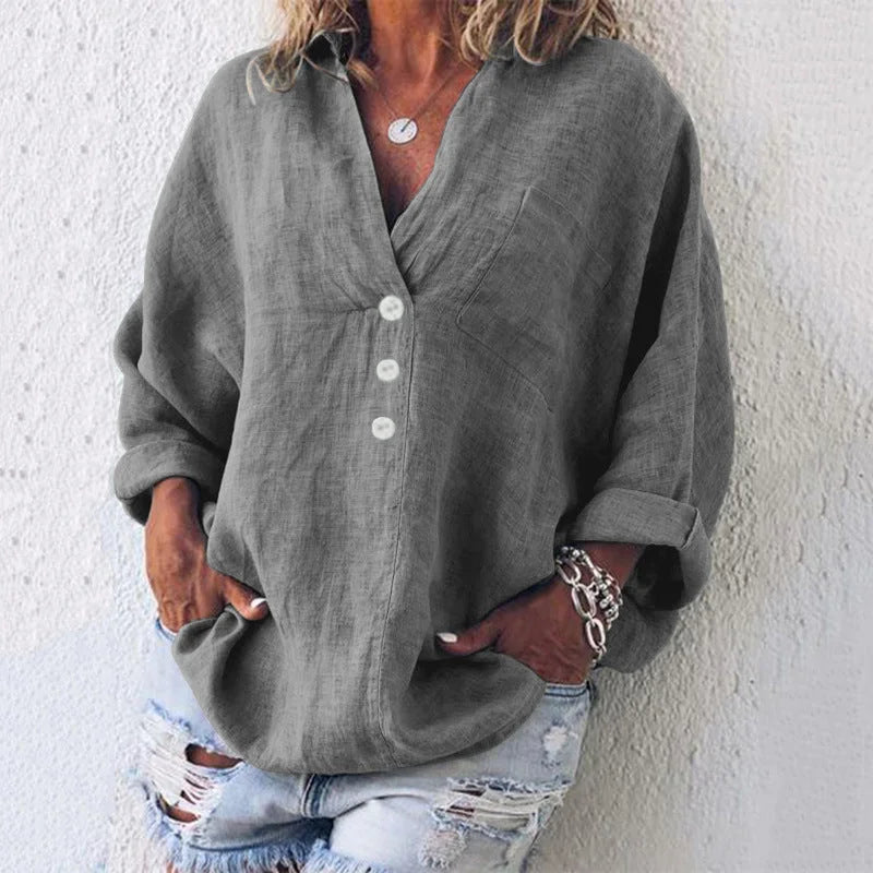 Women's oversized V-neck top with button-front long sleeves and chest pocket – Grey