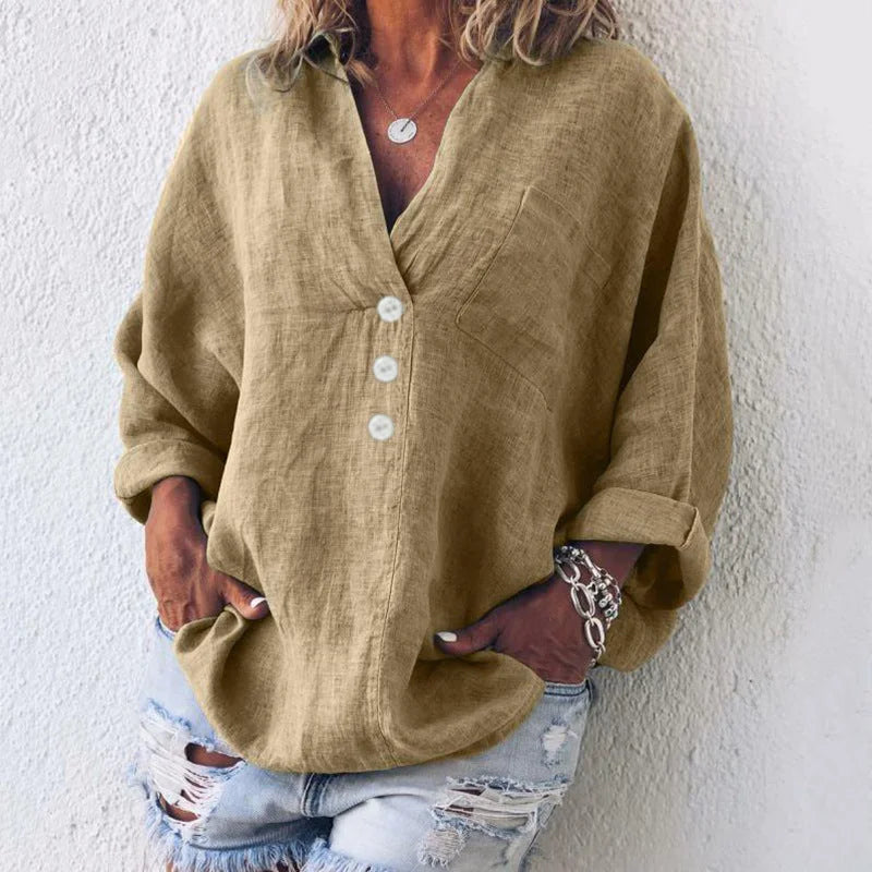 Women's oversized V-neck top with button-front long sleeves and chest pocket – Khaki