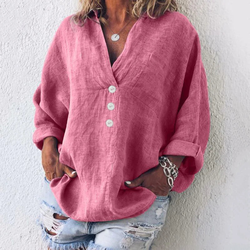 Women's oversized V-neck top with button-front long sleeves and chest pocket – Pink