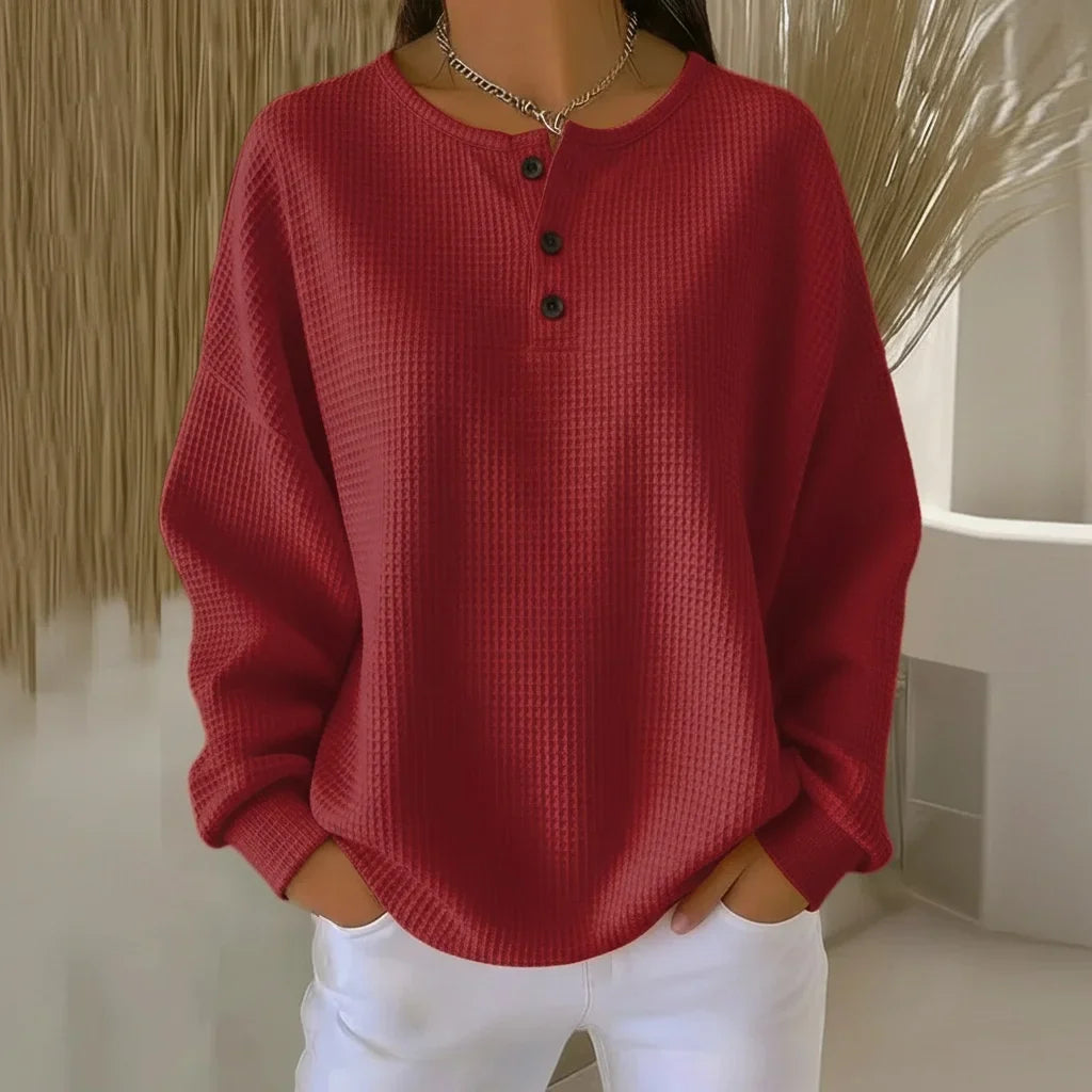 Women's oversized waffle knit sweater with long-sleeve henley design – Red