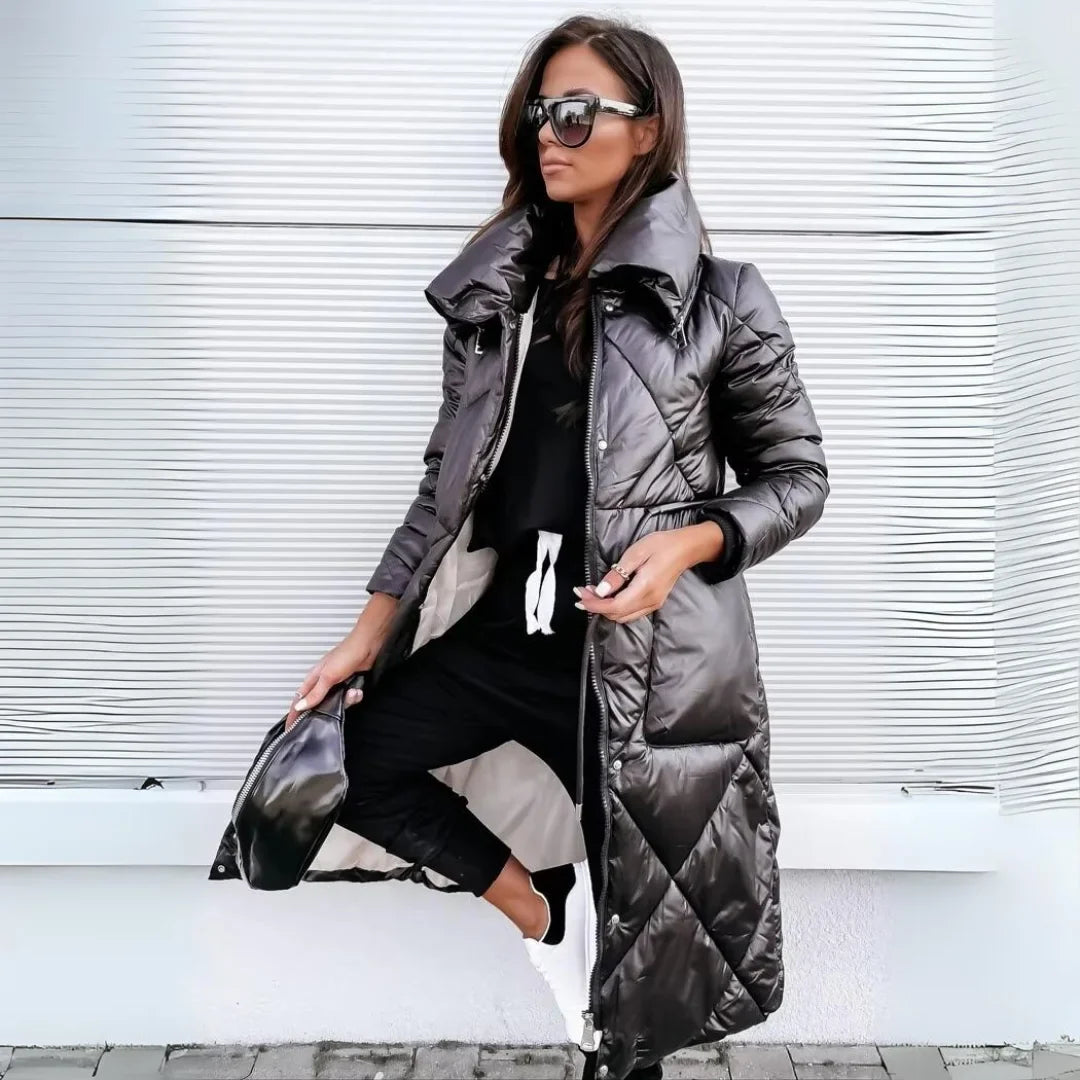 Women's padded long puffer coat with quilted design and stand-up collar – black