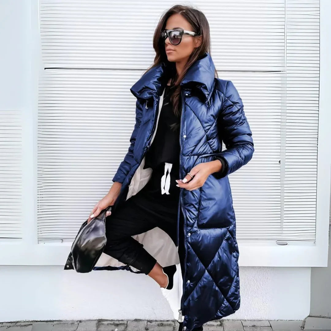 Women's padded long puffer coat with quilted design and stand-up collar – blue
