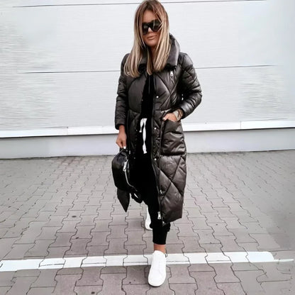 Women's padded long puffer coat with quilted design and stand-up collar