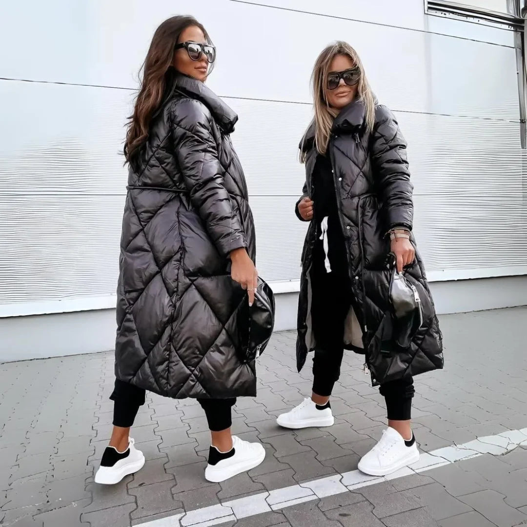 Women's padded long puffer coat with quilted design and stand-up collar