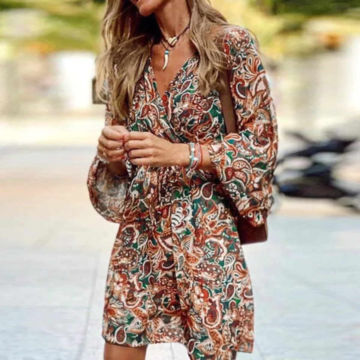 Women's paisley print long sleeve mini dress with V-neck tie-waist – Brown