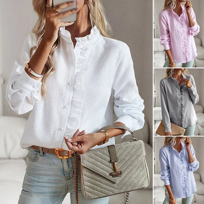 Women's pale textured striped blouse with long sleeves and ruffled stand-collar