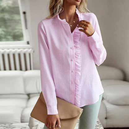 Women's pale textured striped blouse with long sleeves and ruffled stand-collar