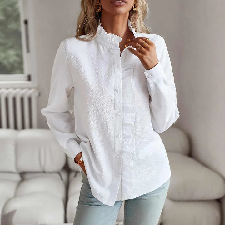 Women's pale textured striped blouse with long sleeves and ruffled stand-collar – White