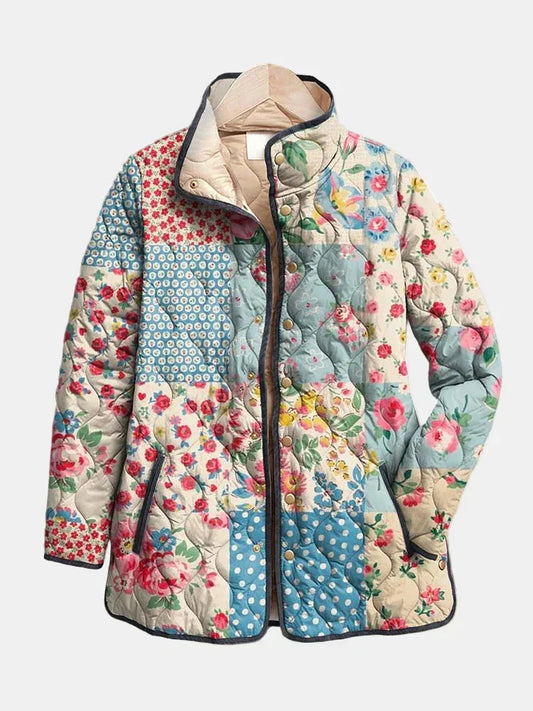 Women's patchwork floral quilted jacket with stand-up collar and snap-button front – Multicolor