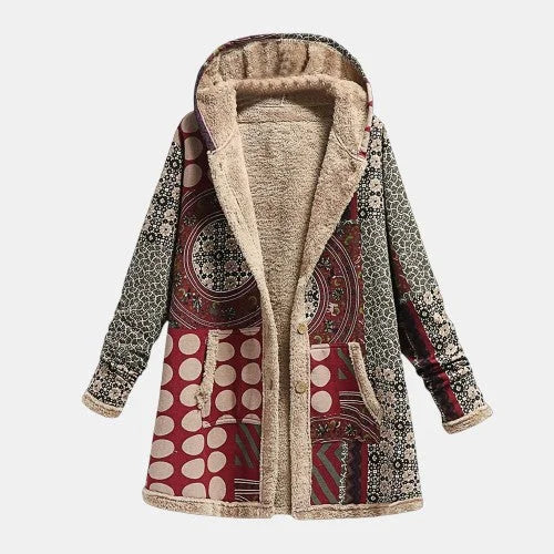 Women's patchwork hooded fleece coat with button closure – Multicolor