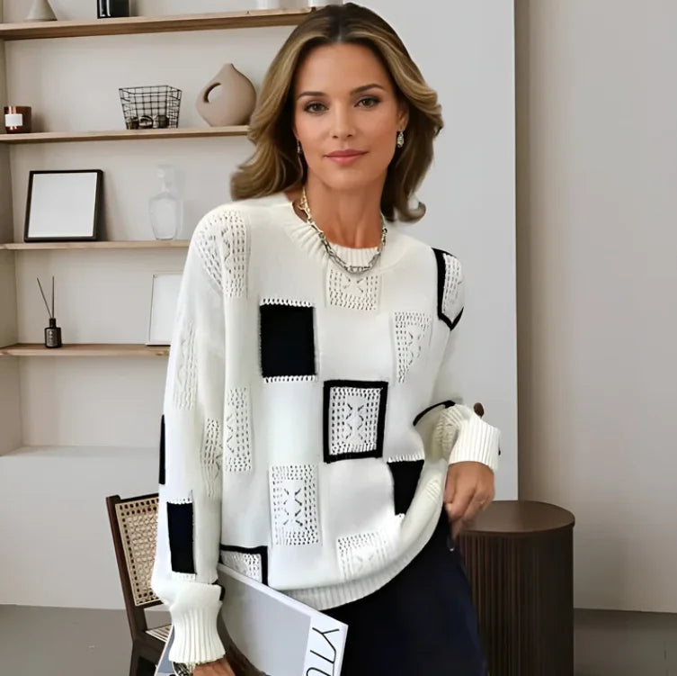 Women's patchwork relaxed-fit knit sweater with crew neck