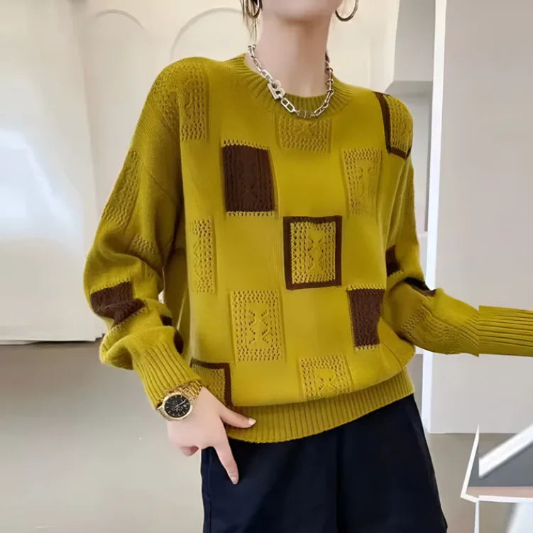 Women's patchwork relaxed-fit knit sweater with crew neck
