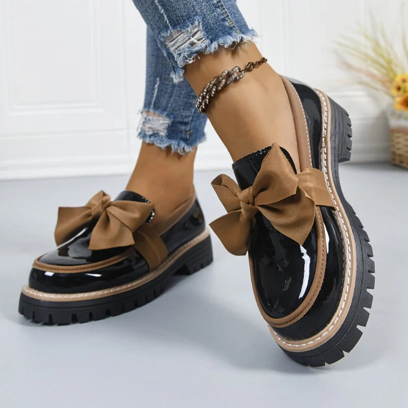 Women's patent bow platform slip-on loafers with chunky sole