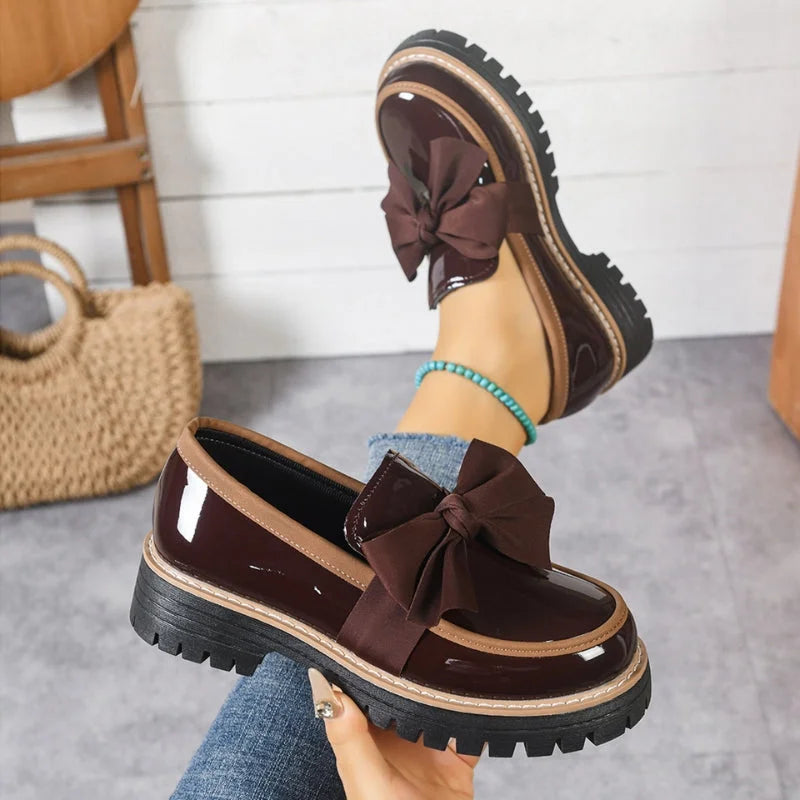 Women's patent bow platform slip-on loafers with chunky sole – Brown