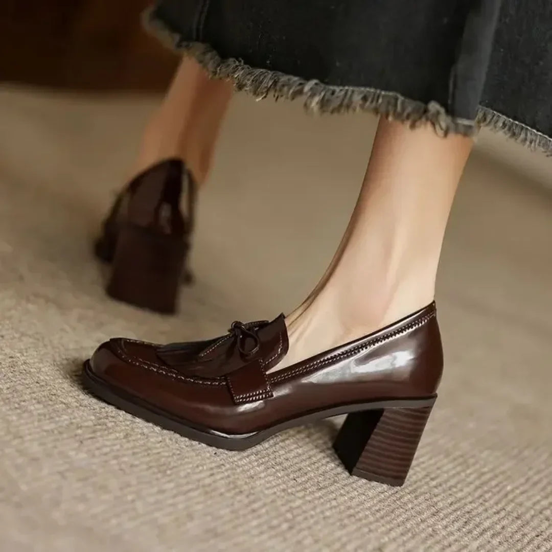 Women's patent tassel loafer block-heel round-toe pumps