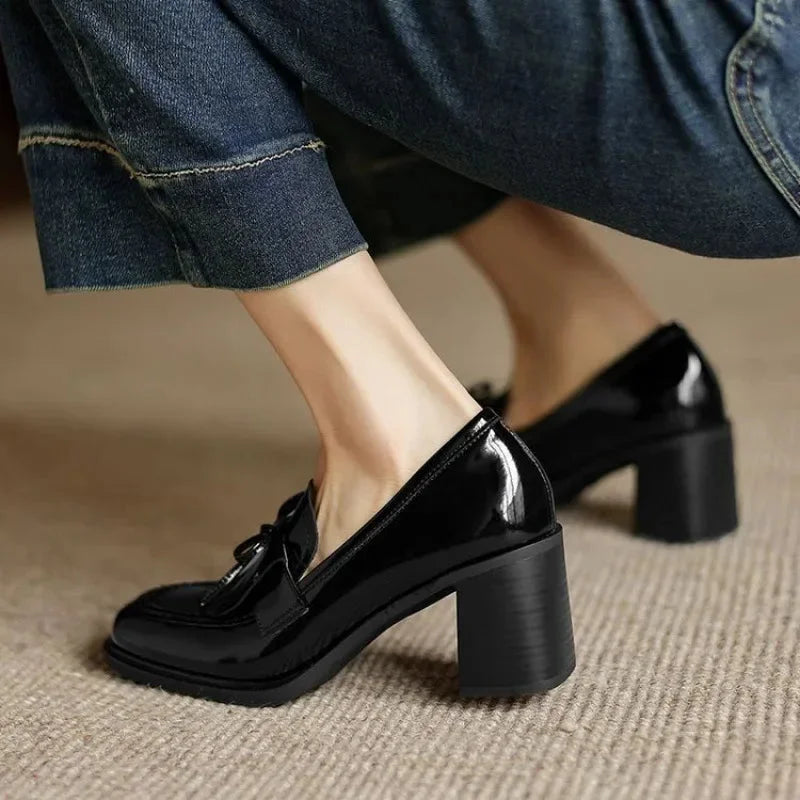 Women's patent tassel loafer block-heel round-toe pumps