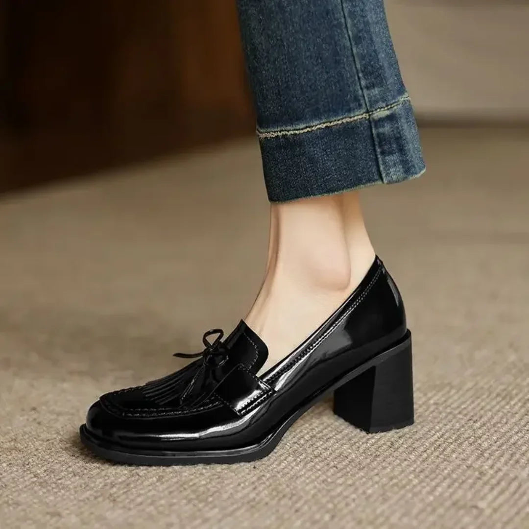 Women's patent tassel loafer block-heel round-toe pumps