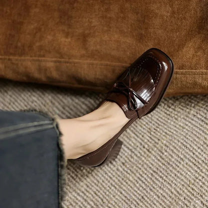 Women's patent tassel loafer block-heel round-toe pumps