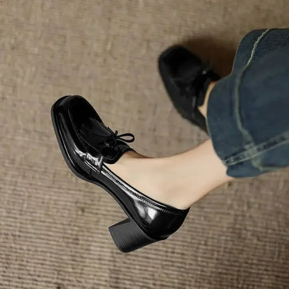Women's patent tassel loafer block-heel round-toe pumps