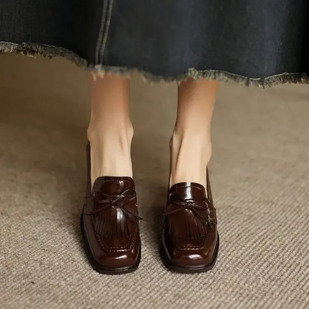 Women's patent tassel loafer block-heel round-toe pumps