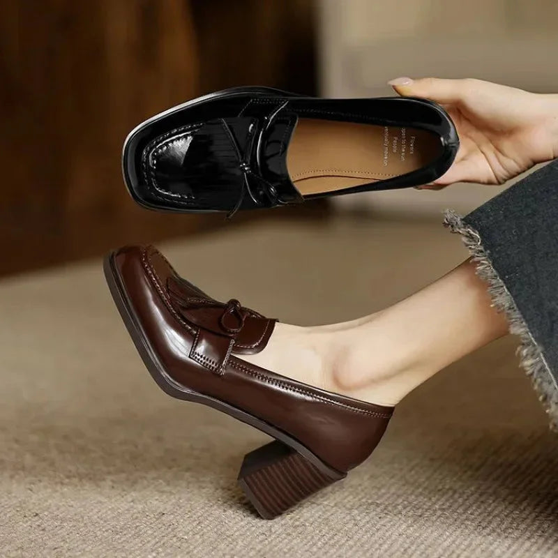 Women's patent tassel loafer block-heel round-toe pumps