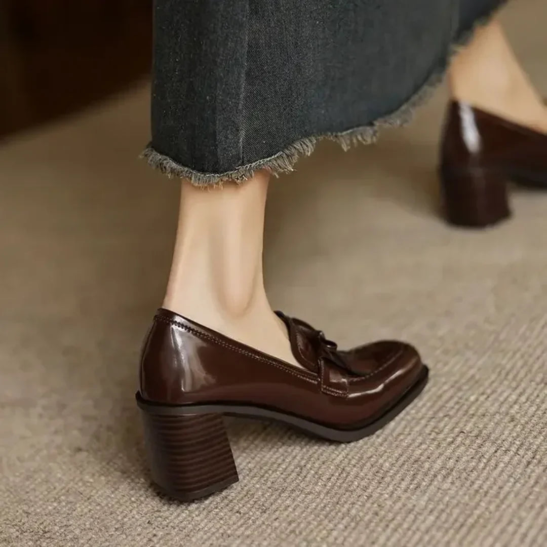 Women's patent tassel loafer block-heel round-toe pumps